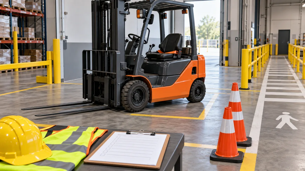 Montacargas estacionado con horquillas abajo, equipo de protección y checklist en una zona de inspección.